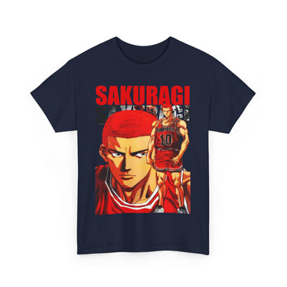 Stylish navy T-shirt featuring a dynamic design of Sakuragi from Slam Dunk, showcasing vibrant colours and intricate anime artistry.