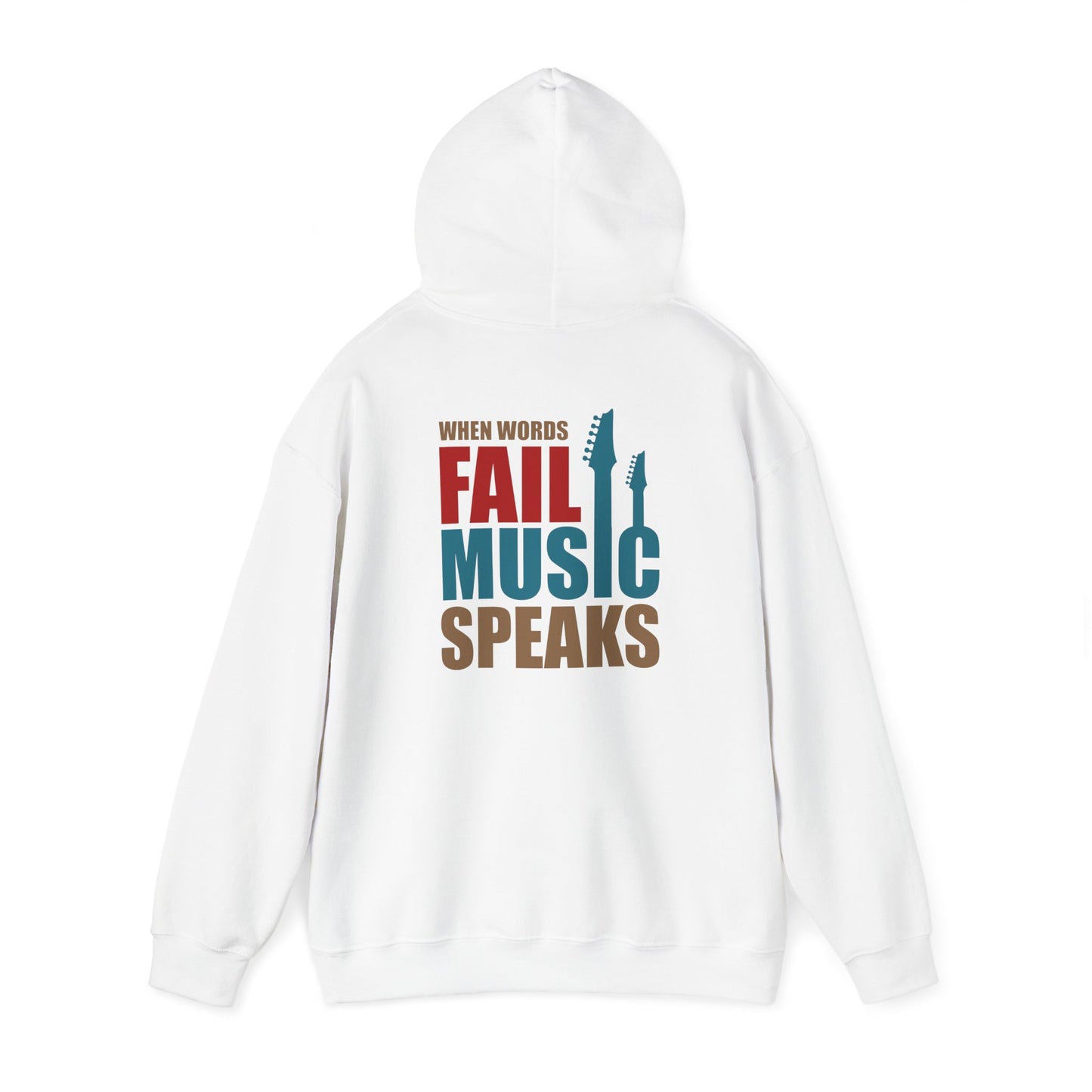 Chic white hoodie showcasing a striking back print that reads 'When Words Fail Music Speaks' with vibrant typography and guitar neck silhouettes, ideal for music enthusiasts.