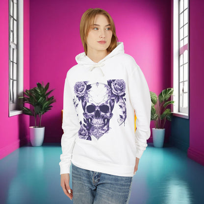 Unisex Lightweight Hooded Sweatshirt with exclusive designer skull and roses design, showcased on a model against a striking pink background, highlighting luxury fashion.