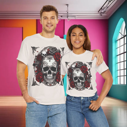 Stylish couple wearing the Skulls and Roses Cotton Tee, a unisex graphic shirt featuring a striking steampunk design with skulls and roses, perfect for fashion-forward individuals.