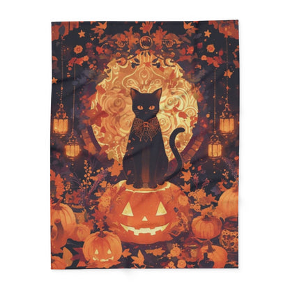 Luxury Decorative and Warm Halloween Spooky Arctic Fleece Blanket showcasing a captivating black cat on a pumpkin, surrounded by a beautifully intricate design of flowers and lanterns.