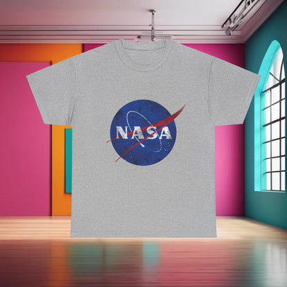 Urban NASA Logo Graphic T-Shirt in 100% Cotton - Unisex Casual Wear for Street Style Enthusiasts displayed in a sleek grey T-shirt with a prominent NASA logo.