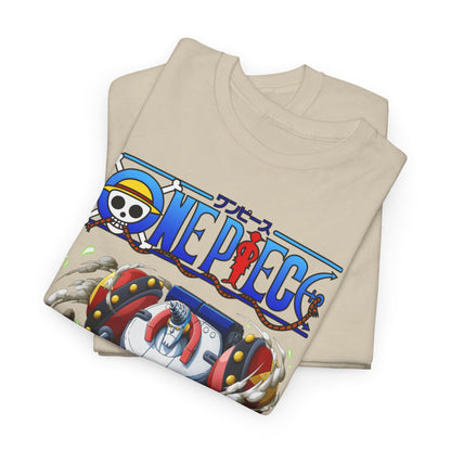 Elegantly folded One Piece Franky mens t-shirts, highlighting the detailed graphic design of Franky and the iconic series logo. A sophisticated choice for fans of high-quality anime apparel.