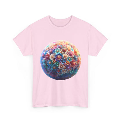 Front view of the Iridescent Floral Sphere Unisex Cotton Tee, featuring a stunning vibrant floral sphere graphic against a soft pink background, ideal for adding a touch of sophistication to any outfit.