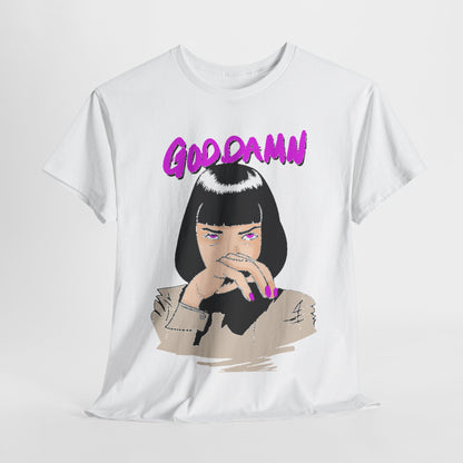 Luxurious white graphic T-shirt featuring a stylized illustration of a woman with bobbed black hair and vibrant pink nails, showcasing the bold lettering 'GOOD DAMN' above her figure, perfect for fashion enthusiasts who appreciate pop culture.