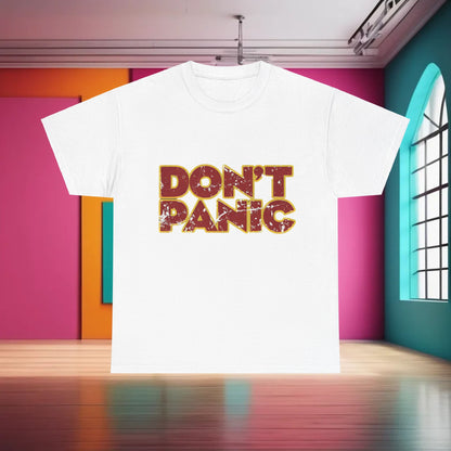 Luxurious Dont Panic Hitch Hikers Guide Graphic T-Shirt displayed against vibrant artful interior, showcasing a stylish unisex design.