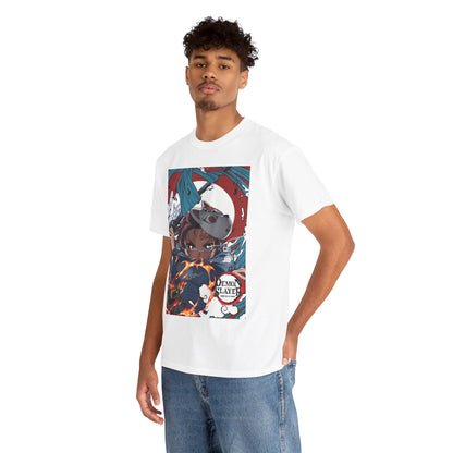 Fashionable model wearing a white t-shirt adorned with striking anime graphics, radiating confidence and style for discerning fans of fashion and anime.