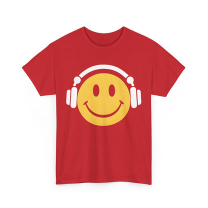 Enchanted Harmony Graphic T-Shirt featuring a lively yellow smiley face with headphones on a bold red cotton canvas, celebrating luxury and vibrant style.