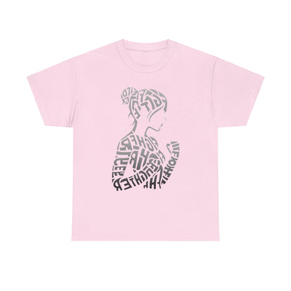 Fighter Girl Graphic Unisex T-Shirt in soft pink, featuring an artistic typography design showcasing a powerful female silhouette crafted from the words 'FIGHTER' and 'GIRL', embodying strength and femininity.