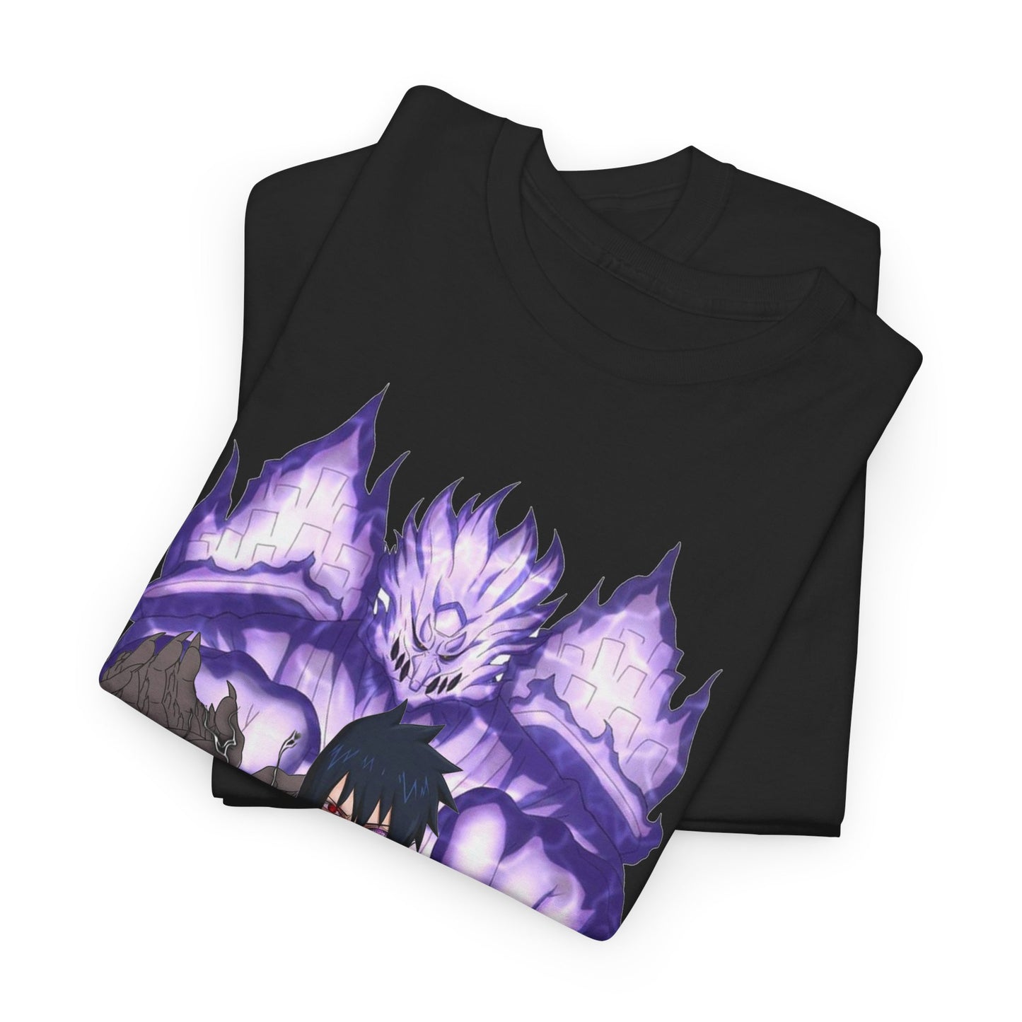 Close-up shot of a folded black Sasuke Graphic Tee, featuring intricate illustrations that capture the essence of the beloved anime.