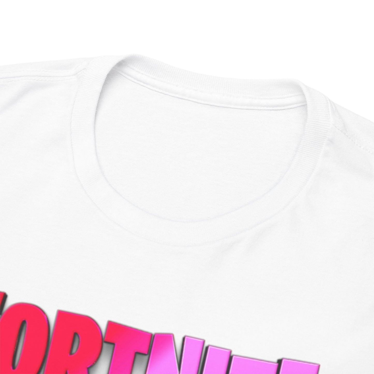 Close-up of the luxurious Fortnite Squad Drip T-Shirt neckline, showcasing premium quality fabric and vivid 'FORTNITE' print in striking pink.