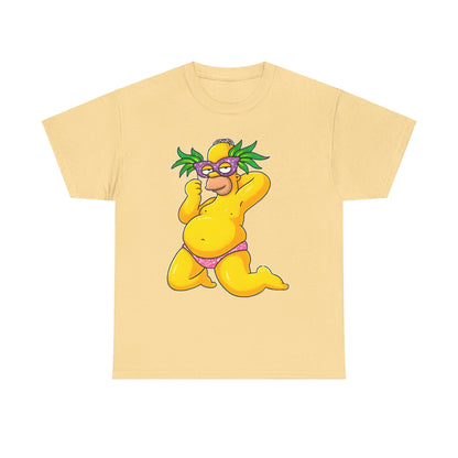 Homer Simpson Unisex Cotton Tee - Graphic T-Shirt with Playful Caricature Design capturing Homer in a quirky pose, complete with a vibrant purple mask and pink bikini, an exquisite addition for fans of animated comedy.