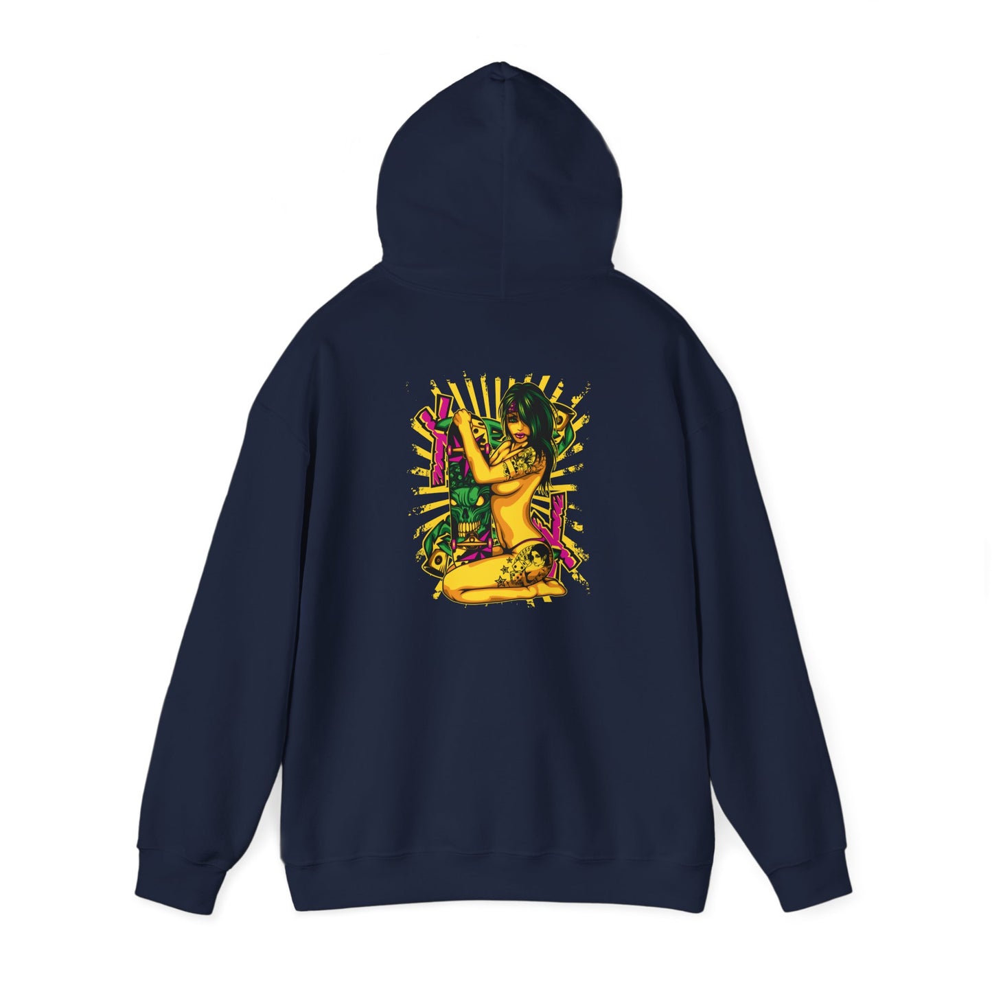 Stylish navy hoodie with a captivating back print of a tattooed woman and vibrant graffiti elements, perfect for expressing individuality and fashion-forward style.