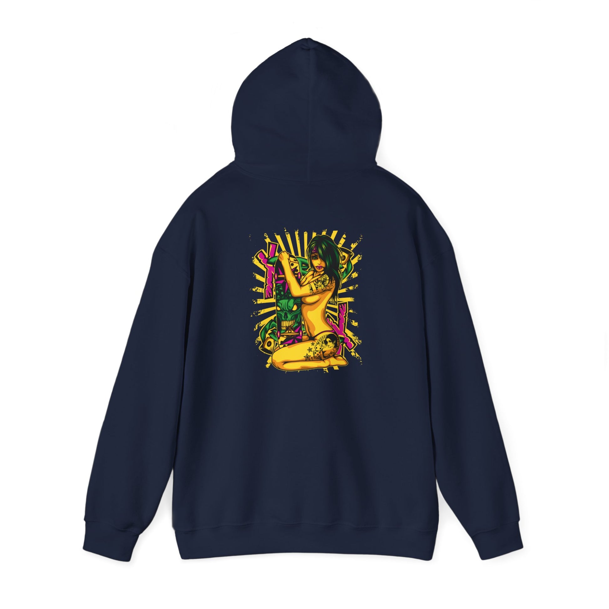 Stylish navy hoodie with a captivating back print of a tattooed woman and vibrant graffiti elements, perfect for expressing individuality and fashion-forward style.