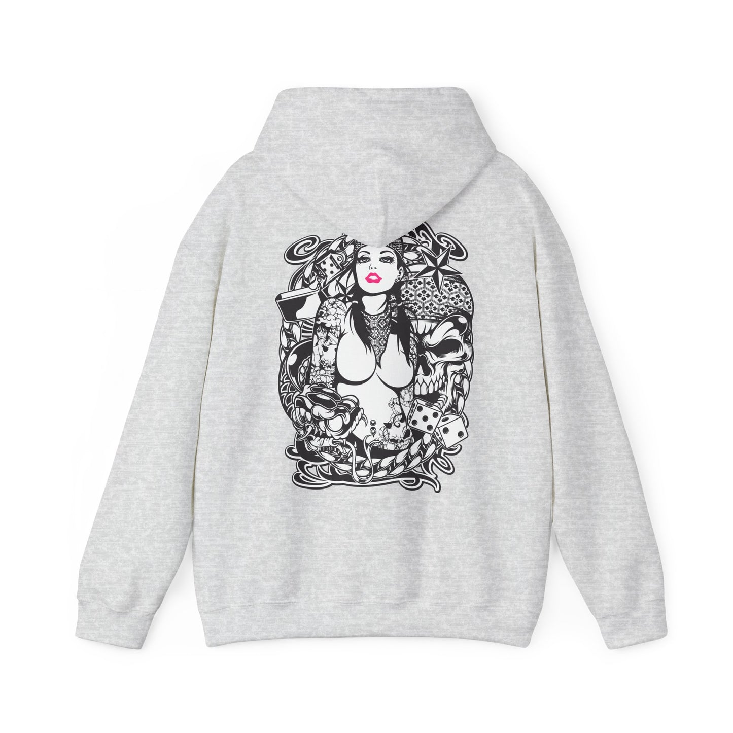 Stylish grey hoodie adorned with an intricate tattoo-inspired graphic, highlighting a striking female character and rich decorative details, perfect for showcasing individuality and luxury.
