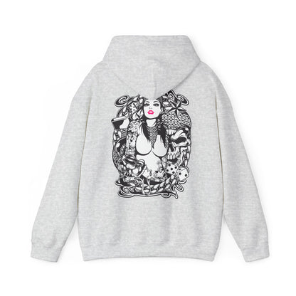 Stylish grey hoodie adorned with an intricate tattoo-inspired graphic, highlighting a striking female character and rich decorative details, perfect for showcasing individuality and luxury.