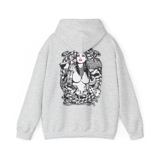 Stylish grey hoodie adorned with an intricate tattoo-inspired graphic, highlighting a striking female character and rich decorative details, perfect for showcasing individuality and luxury.