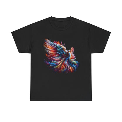 Majestic Angel Graphic Unisex T-Shirt in black featuring vibrant abstract art of a colourful phoenix design, crafted from premium cotton for a luxurious feel.