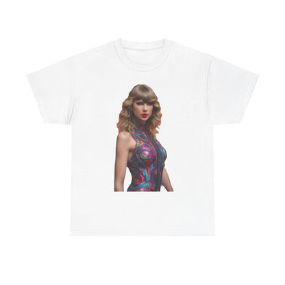 Swifties psychedelic Taylor Swift Heavy Cotton Tee in classic white adorned with a captivating psychedelic image.
