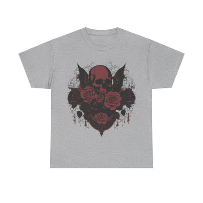 Close-up of the Skulls and Roses Cotton Tee, Unisex Graphic Shirt, in grey. The graphic showcases a bold skull entwined with roses, epitomising a unique blend of elegance and edginess.