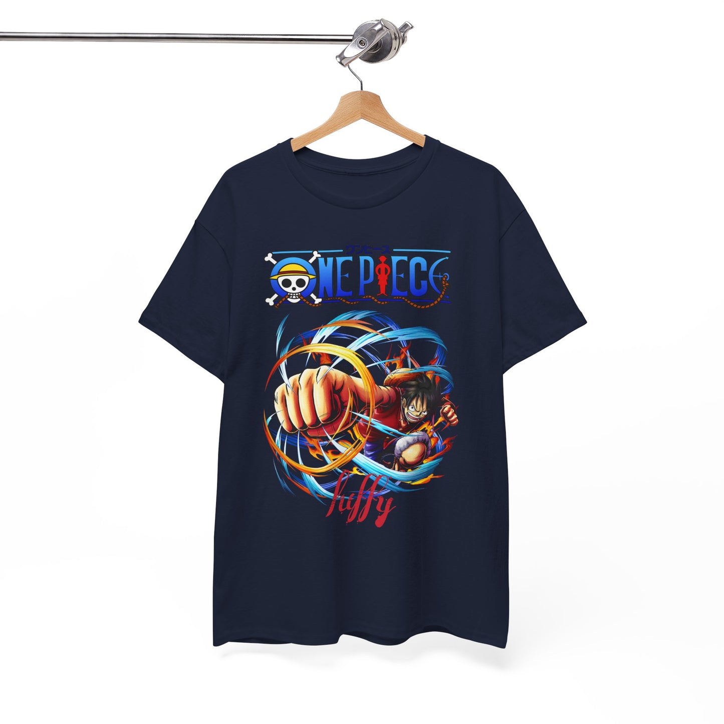 Stylish navy blue t-shirt displayed on a hanger, featuring an eye-catching One Piece design, perfectly blending casual ease with luxury fashion.