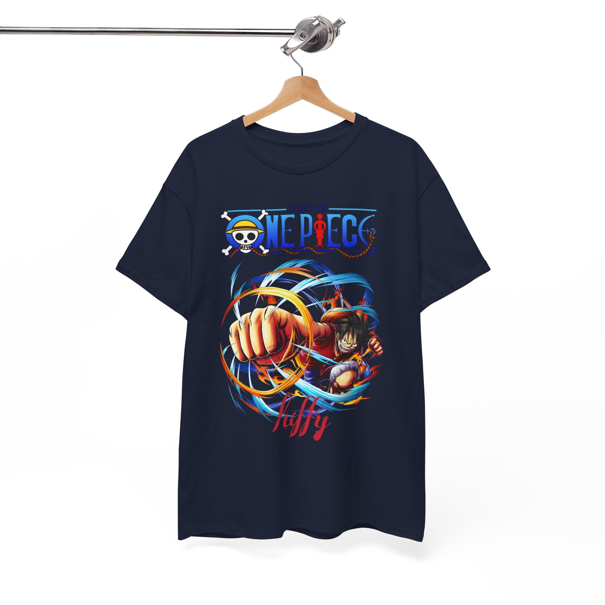 Stylish navy blue t-shirt displayed on a hanger, featuring an eye-catching One Piece design, perfectly blending casual ease with luxury fashion.