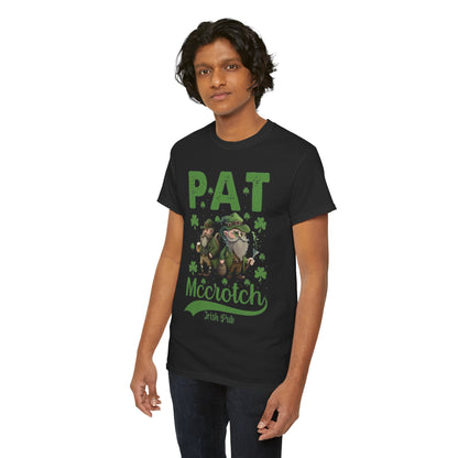 Elegant Funny St. Patrick's Day T-Shirt displaying 'Pat McCrotch Irish Pub' graphics with cartoon bearded characters and shamrock motifs, crafted for a vibrant celebration.