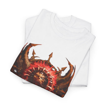 Premium quality t-shirt artfully folded, showcasing a striking Warhammer design of a formidable lion creature with an ornate shield, ideal for stylish fans of fantasy gaming.