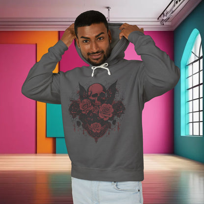 Unisex Lightweight Hooded Sweatshirt with unique designer skull and roses design, modeled by a man in a vibrant indoor setting.