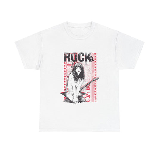 Luxurious white men's t-shirt featuring a bold rock star graphic, showcasing a fierce female figure with an electric guitar, set against a striking red and black background, embodying the spirit of rock 'n' roll.