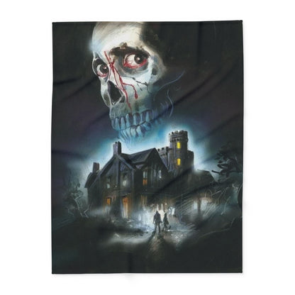 Stylish Decorative and Warm Halloween Spooky Arctic Fleece Blanket displaying a chilling skull and haunted mansion, enhancing your Halloween celebrations.