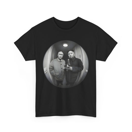 Stylish Meet The Neighbours graphic t-shirt depicting famous political figures in a comical fisheye perspective, ideal for elevating casual wear with sophistication.