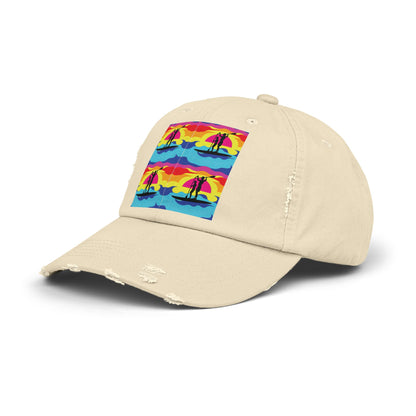 Unisex Distressed Paddleboarders Cap in beige, featuring a vibrant fantasy paddleboarding design for those who love luxury and adventure under the sun.