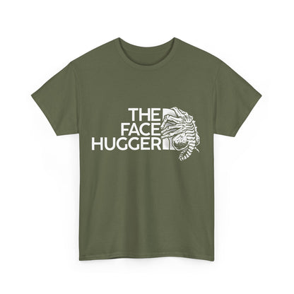 The Face Hugger Alien Graphic T-Shirt in refined olive green, highlighting an intricate Face Hugger illustration, perfect for individuals who appreciate luxury in casual wear.
