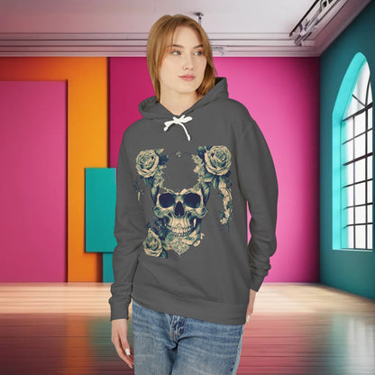 Unisex Lightweight Hooded Sweatshirt featuring a unique designer skull and roses, modelled by a woman in a vibrant interior, showcasing the premium design and style.