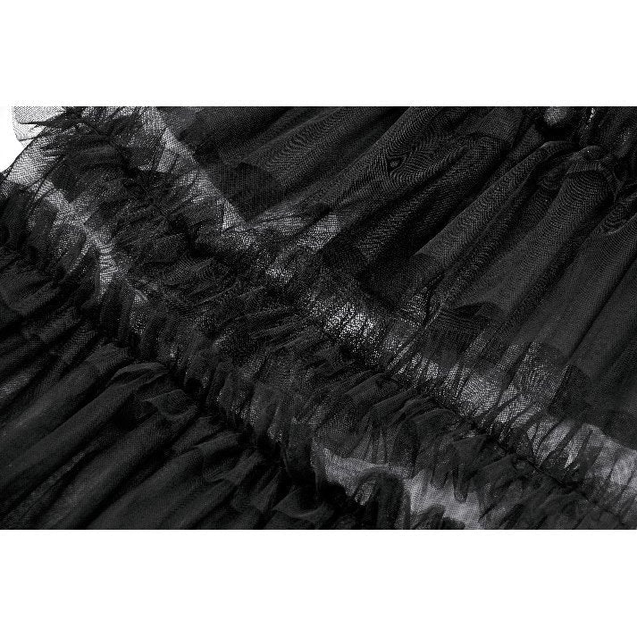 Model wearing Dark in Love Ophelia socks with ruffled mesh, exemplifying gothic dollcore aesthetic.