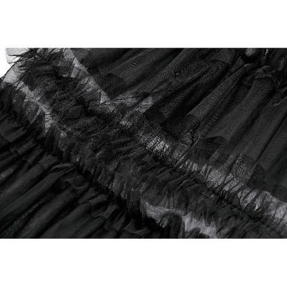 Model wearing Dark in Love Ophelia socks with ruffled mesh, exemplifying gothic dollcore aesthetic.