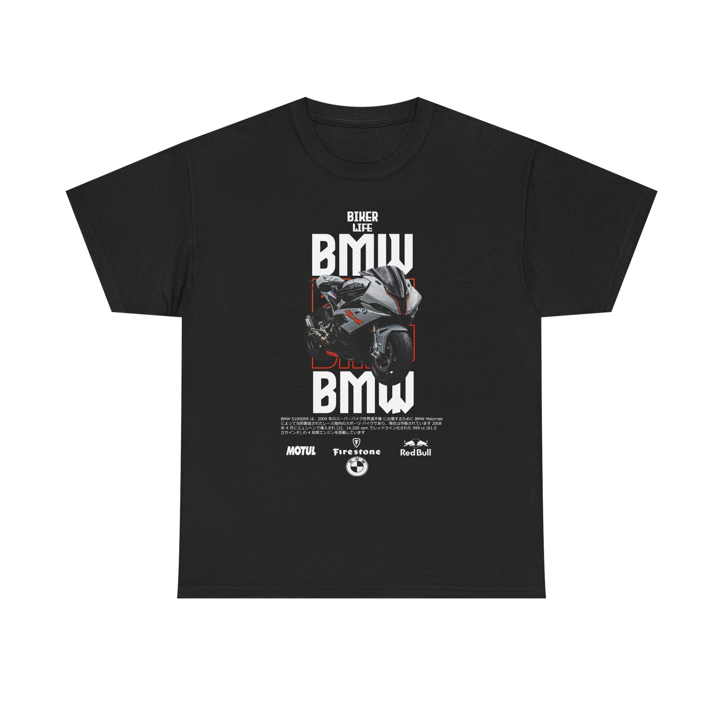 Luxury black men's t-shirt featuring bold BMW motorcycle design with striking graphics, ideal for bikers looking to showcase their passion for the open road.