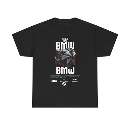 Luxury black men's t-shirt featuring bold BMW motorcycle design with striking graphics, ideal for bikers looking to showcase their passion for the open road.