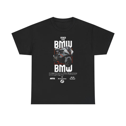 Luxury black men's t-shirt featuring bold BMW motorcycle design with striking graphics, ideal for bikers looking to showcase their passion for the open road.