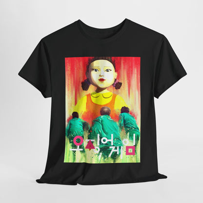 Luxurious black graphic t-shirt featuring an iconic design inspired by a popular Netflix series, showcasing vibrant artwork of a stylised doll and players in distinctive outfits, perfect for fashion-forward individuals seeking unique statement pieces.