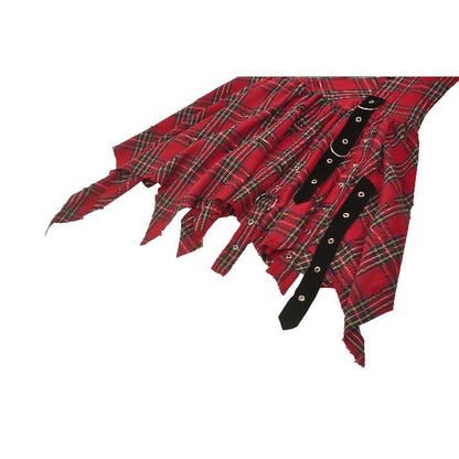 Elegant Dark in Love Annika Distressed Red Tartan Dress showcasing adjustable spaghetti straps and an unfinished hem, exuding a luxurious punk-chic aesthetic.