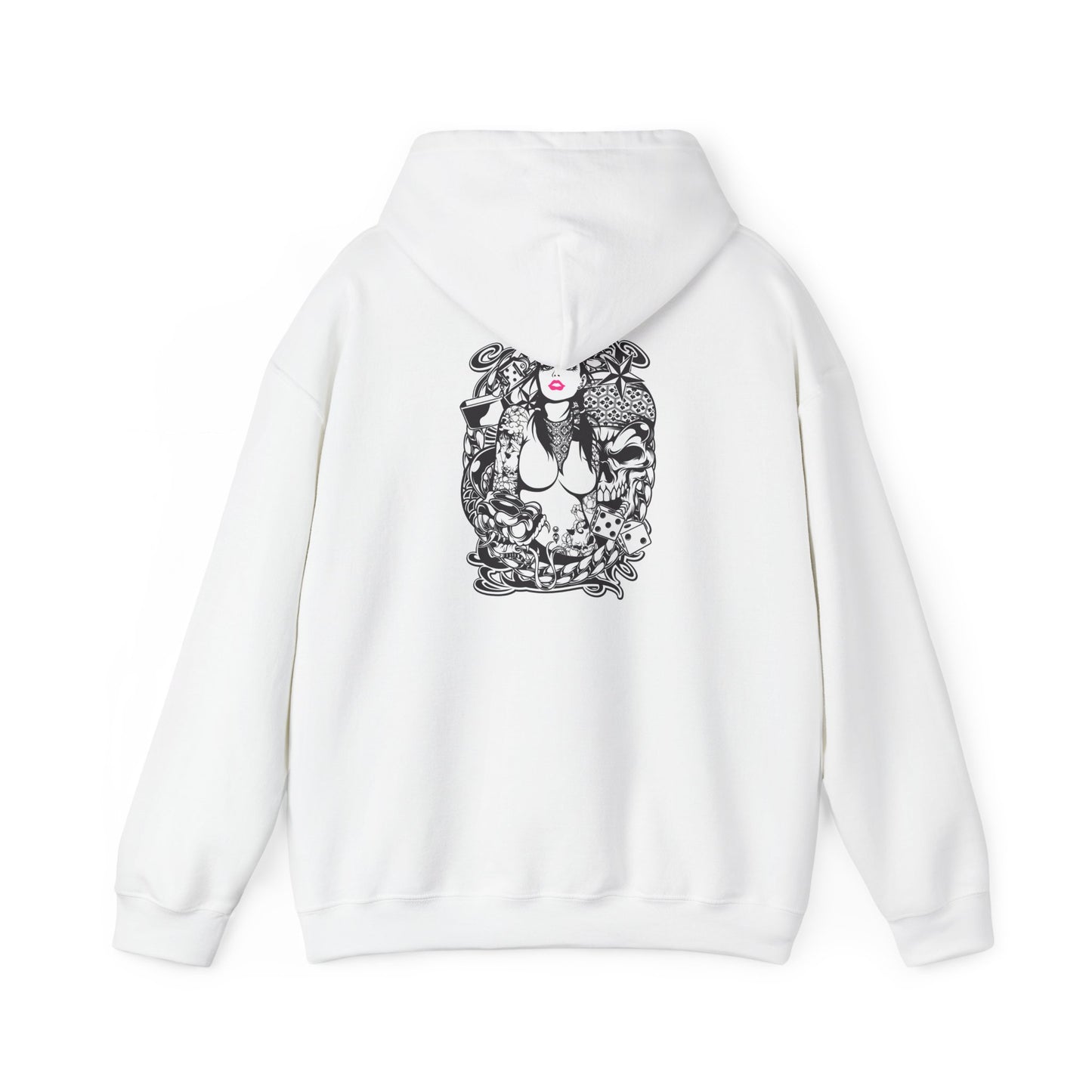 Elegant white hoodie showcasing a striking back print featuring intricate tattoo-inspired designs, including a fierce woman with vibrant pink lips, floral elements, koi fish, skull motifs, and geometric patterns, embodying a unique blend of artistry and fashion.