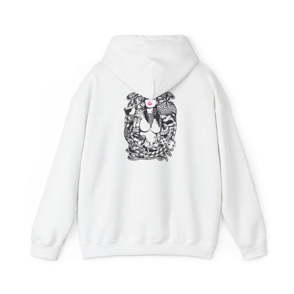 Elegant white hoodie showcasing a striking back print featuring intricate tattoo-inspired designs, including a fierce woman with vibrant pink lips, floral elements, koi fish, skull motifs, and geometric patterns, embodying a unique blend of artistry and fashion.
