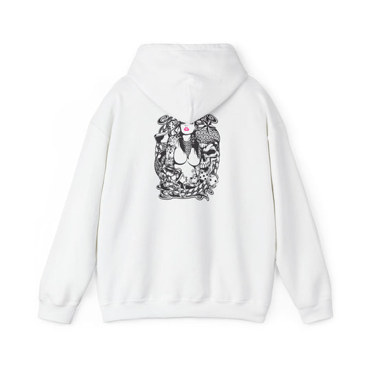 Elegant white hoodie showcasing a striking back print featuring intricate tattoo-inspired designs, including a fierce woman with vibrant pink lips, floral elements, koi fish, skull motifs, and geometric patterns, embodying a unique blend of artistry and fashion.