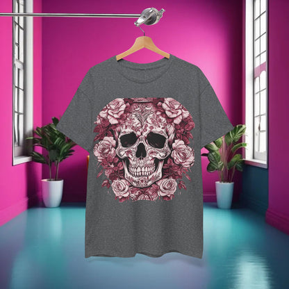 Skulls and Roses Cotton Tee displayed against a vibrant pink background, showcasing the intricate steampunk skull design surrounded by roses, ideal for making a bold fashion statement.