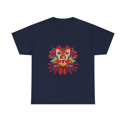 Luxury Heartfelt Rebellion T-shirt in navy highlighting elegant cherubs cradling a brilliant heart, enriched with artistic graphics and a fashionable anti slogan.