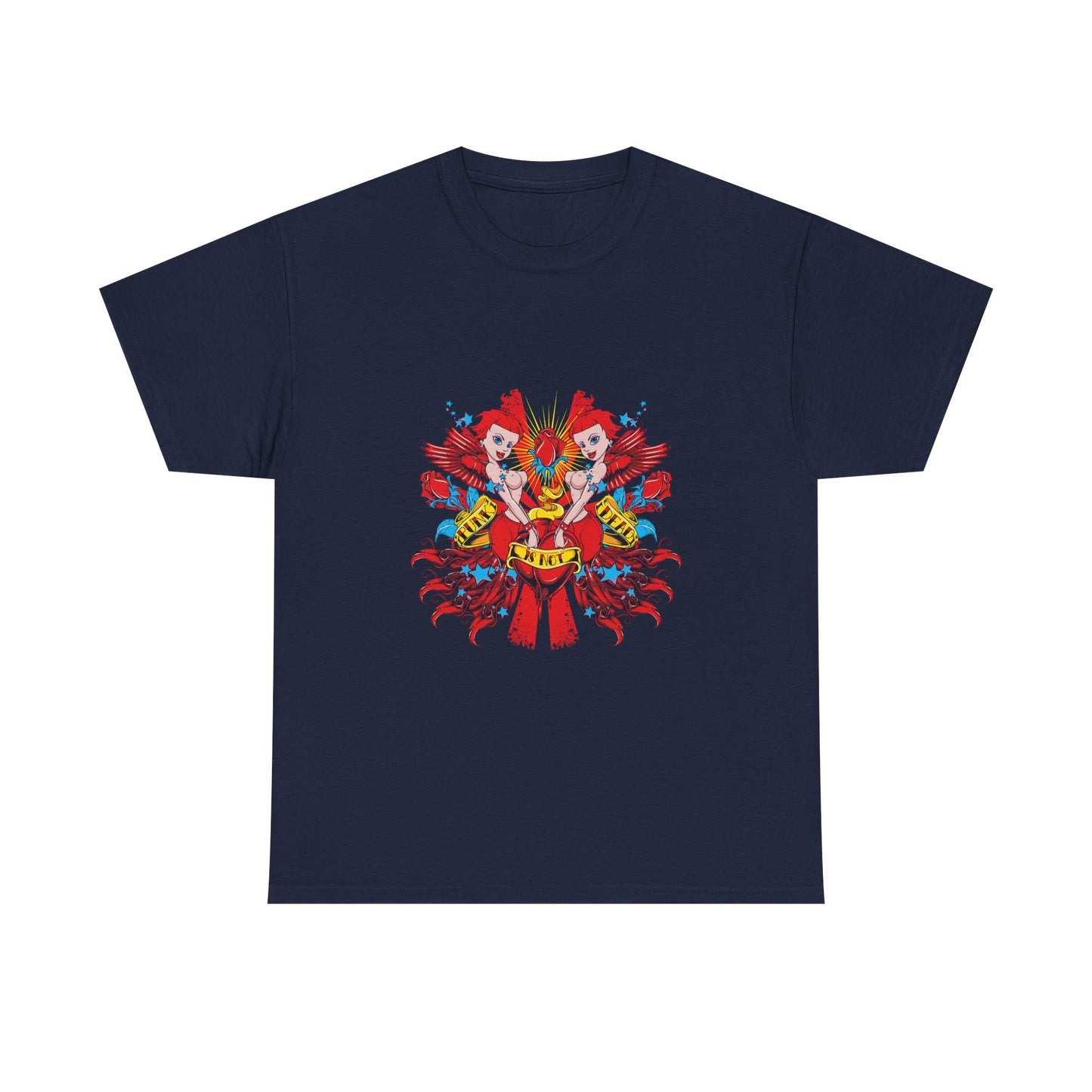 Elegant navy t-shirt adorned with eye-catching artwork of cherubs holding a heart, embellished with dynamic red and blue elements, perfect for a fashionable statement.