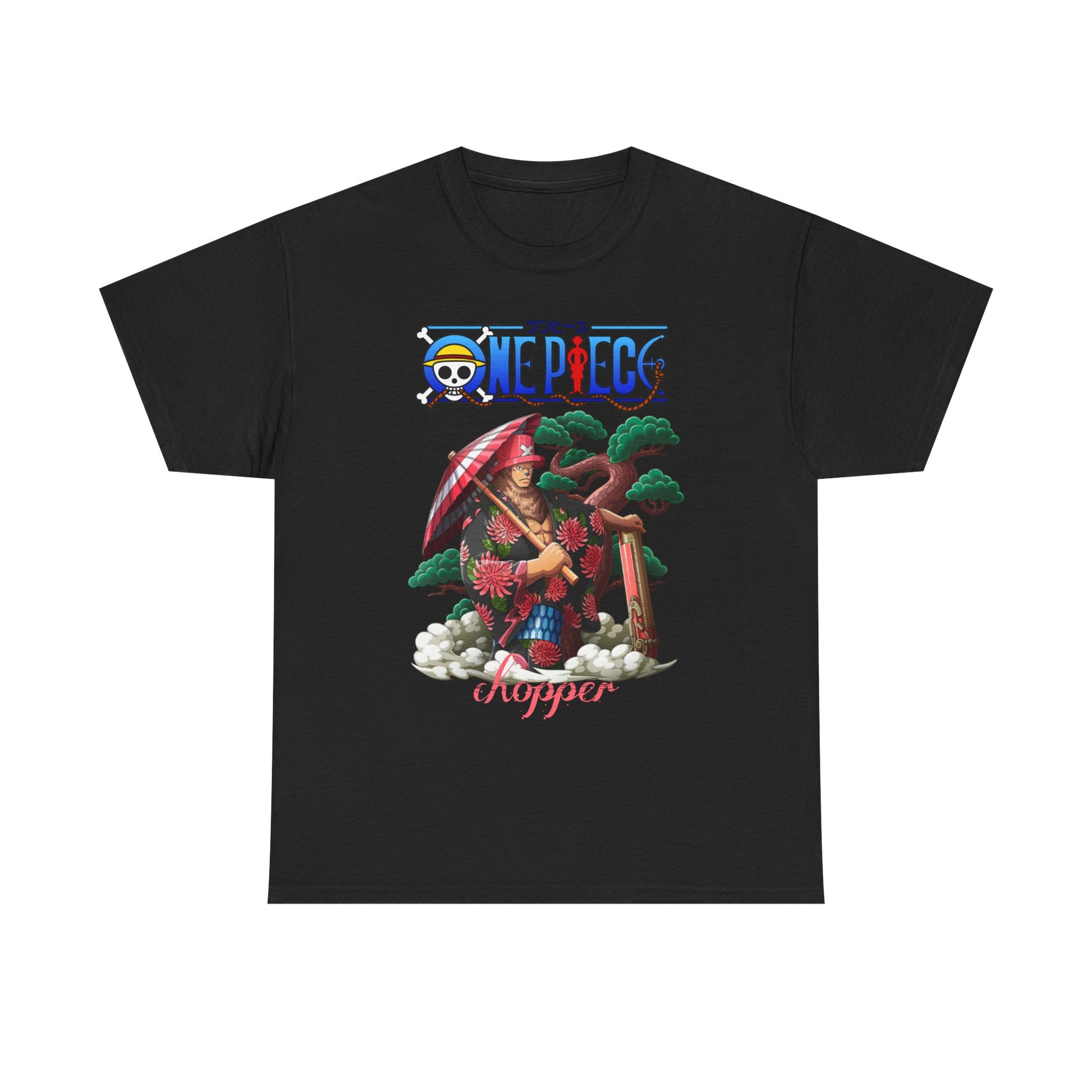 Stylish black t-shirt showcasing a beautifully illustrated Chopper from One Piece, decorated with a striking red and white umbrella, set against an elegant background of Japanese clouds and greenery.