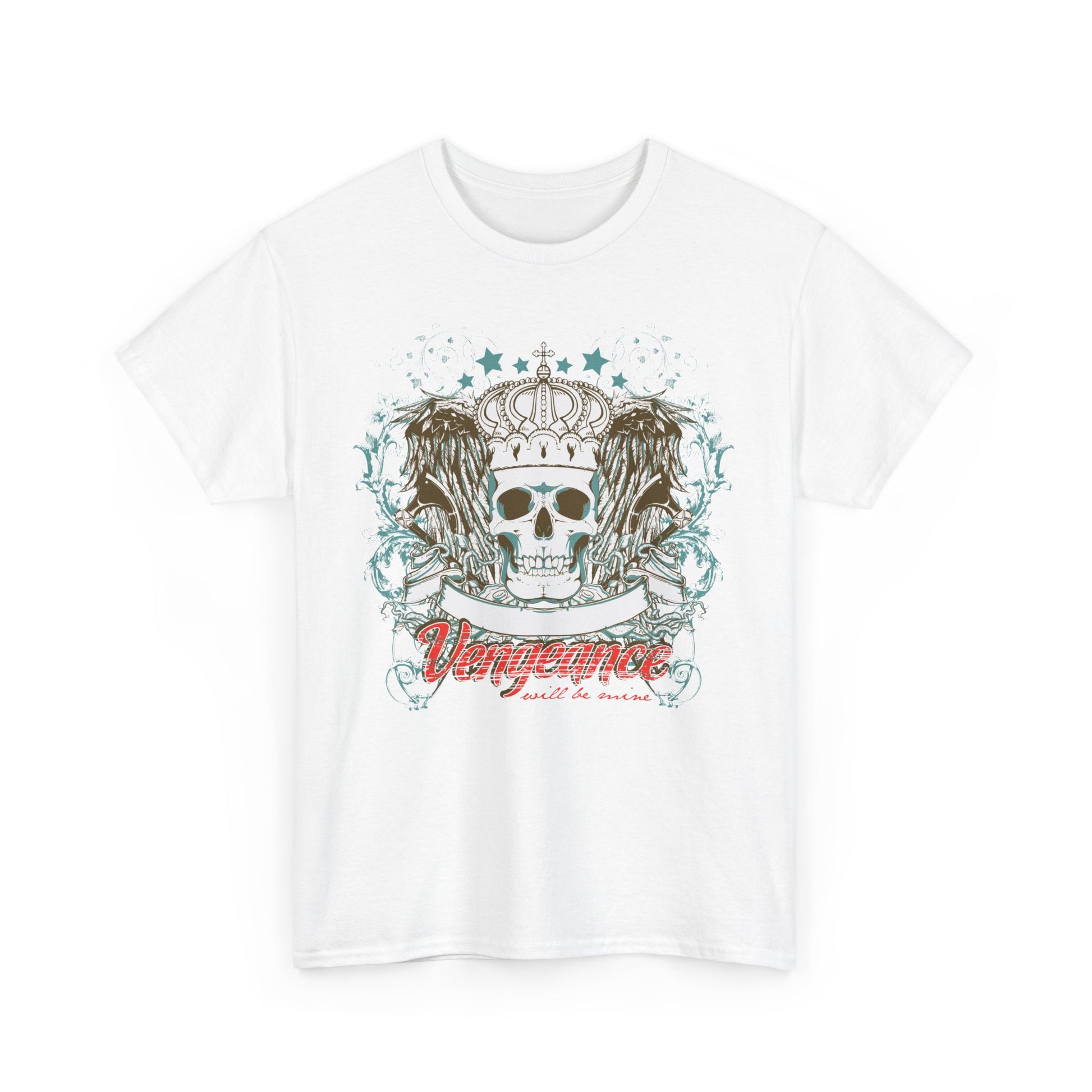 Classic white graphic tee featuring a striking skull crowned with elaborate detail and the word 'Vengeance' in bold red script, merging elegance with bold attire.